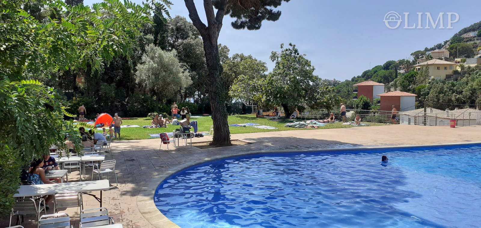 Piscina del complejo con zona arbolada en Serra Brava