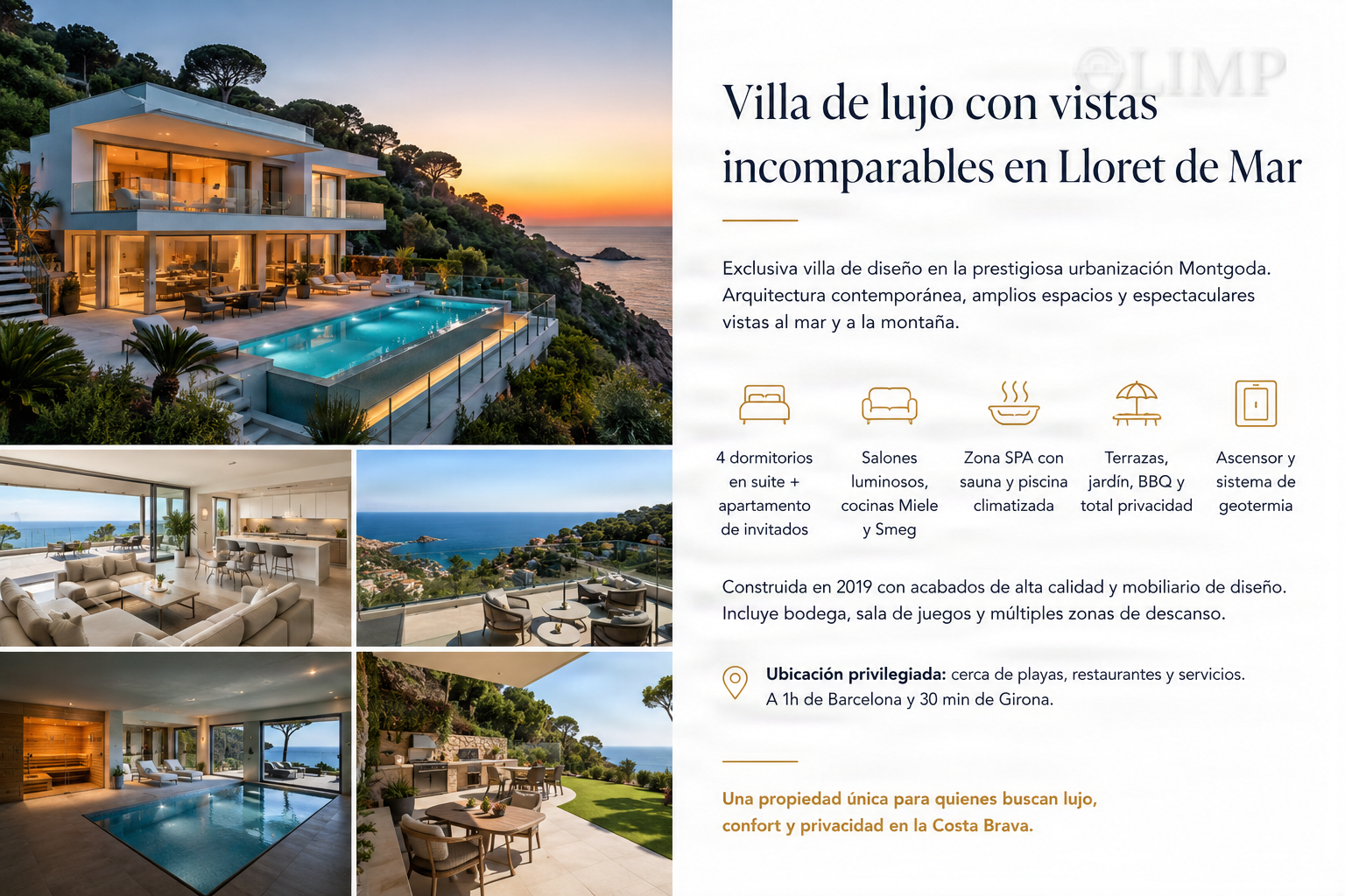 Infografía resumen de la villa de lujo en Montgoda